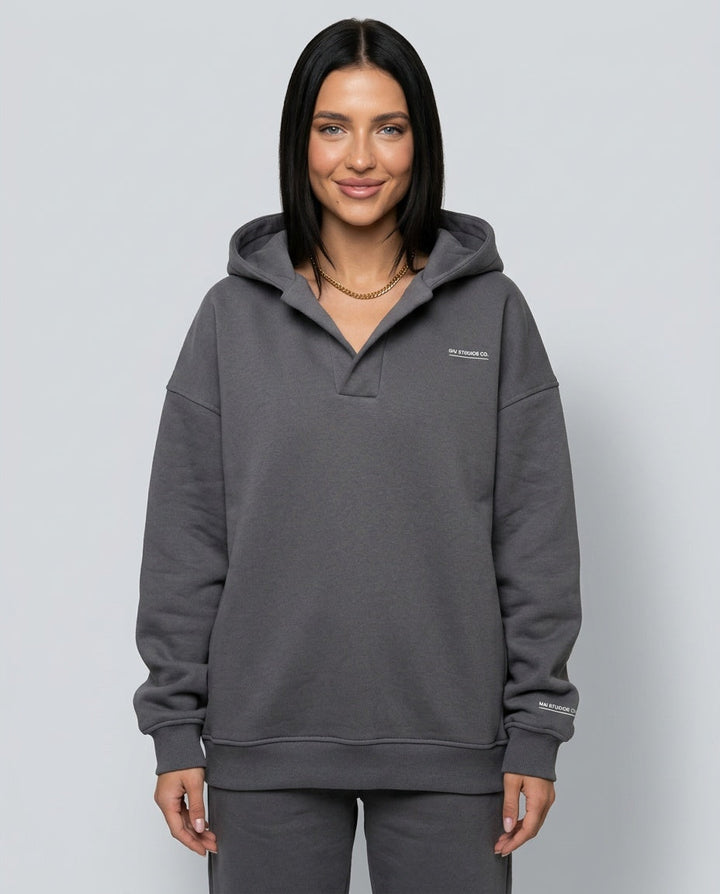 Women's oversized hooded lounge hoodie with long sleeves and ribbed trims