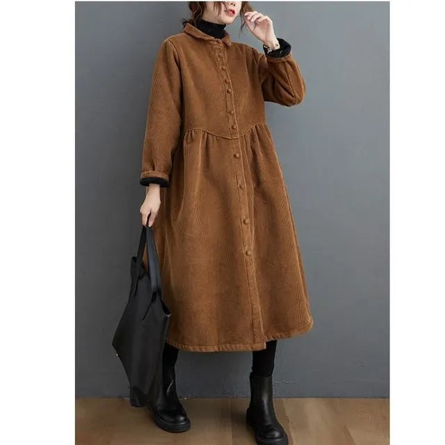 Women's relaxed corduroy midi dress with Mandarin collar and long sleeves