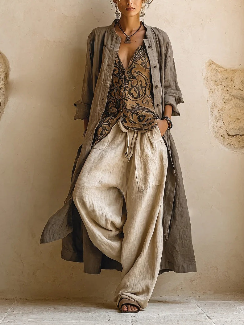 Women's beige three-piece outfit set with printed sleeveless top, long cardigan and wide-leg trousers