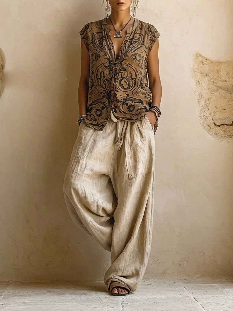 Women's beige three-piece outfit set with printed sleeveless top, long cardigan and wide-leg trousers