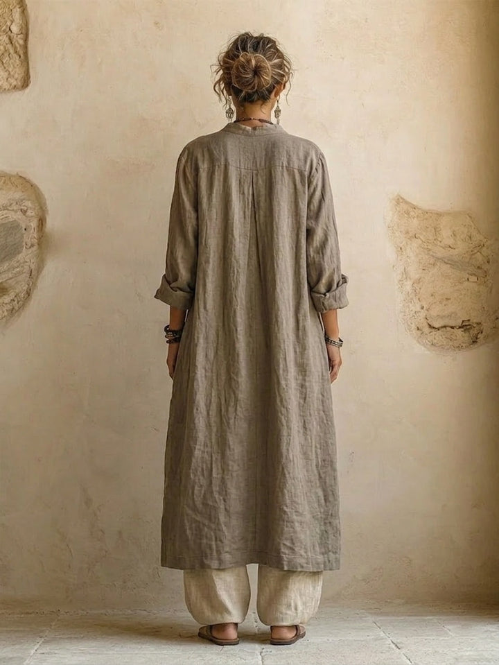 Women's beige three-piece outfit set with printed sleeveless top, long cardigan and wide-leg trousers