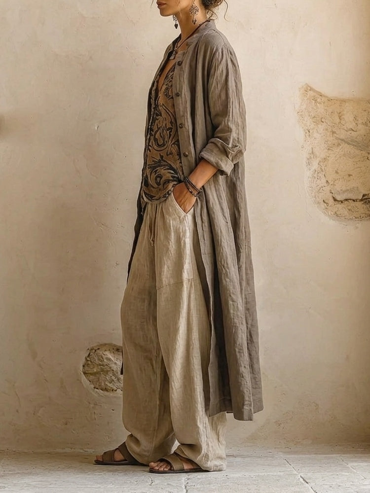 Women's beige three-piece outfit set with printed sleeveless top, long cardigan and wide-leg trousers