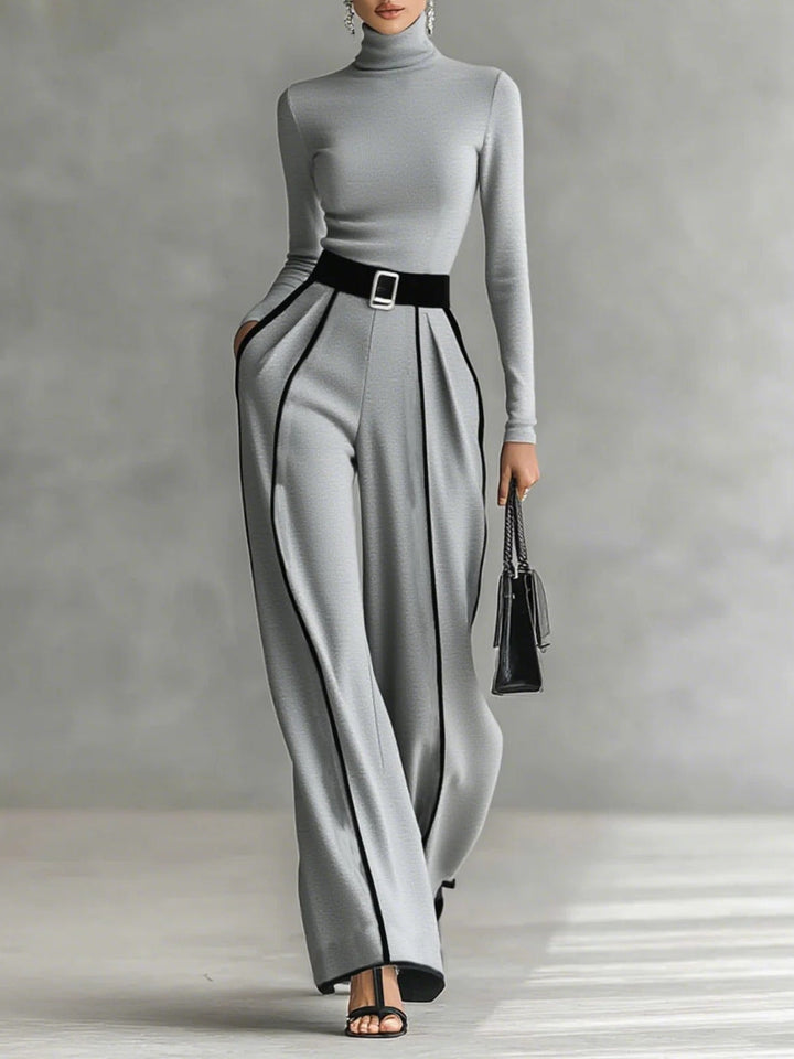 Women’s Two-Piece Set | High-Neck Top and Wide-Leg Pants with Belt