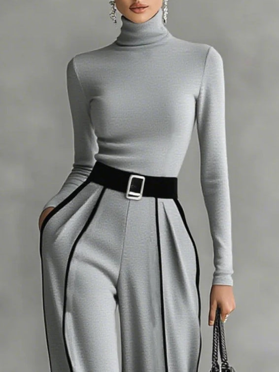 Women’s Two-Piece Set | High-Neck Top and Wide-Leg Pants with Belt