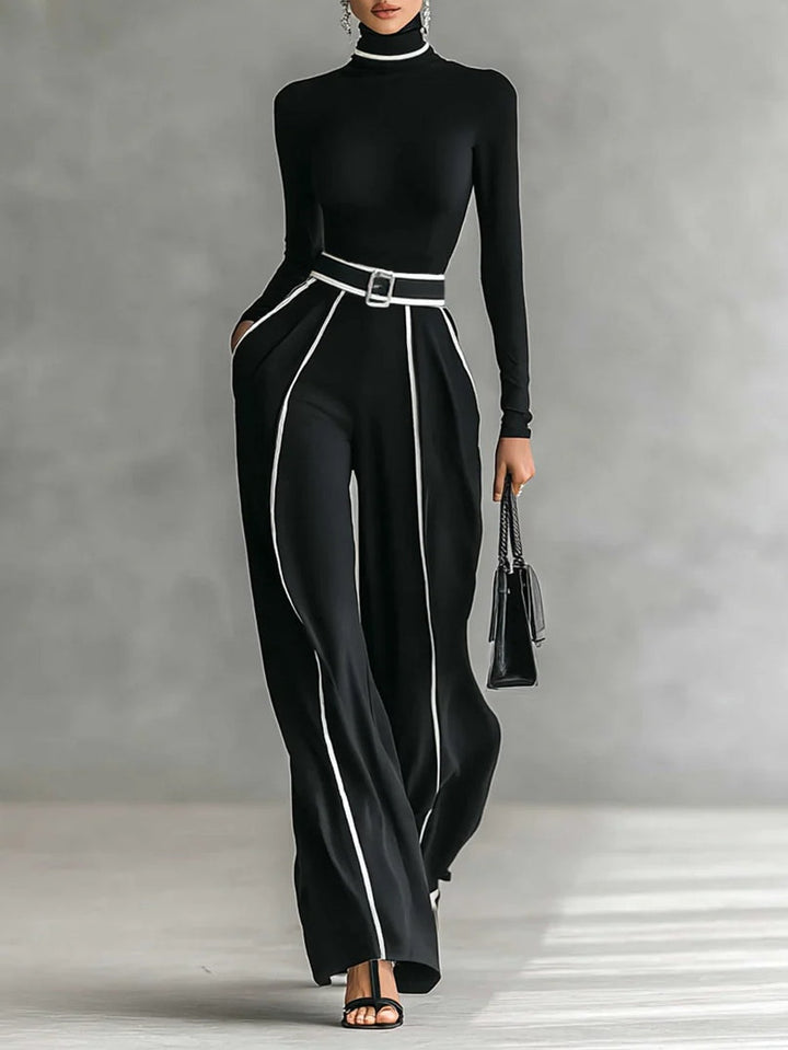 Women’s Two-Piece Set | High-Neck Top and Wide-Leg Pants with Belt