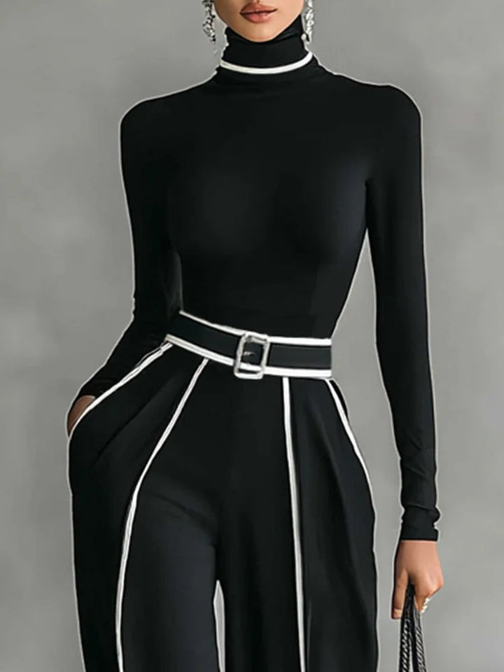 Women’s Two-Piece Set | High-Neck Top and Wide-Leg Pants with Belt