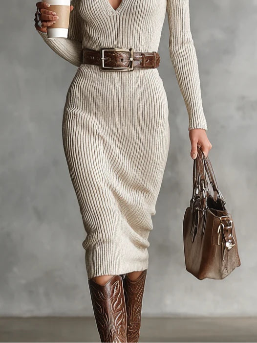 Women's beige ribbed midi dress with V-neck, raised collar, long sleeves and belt