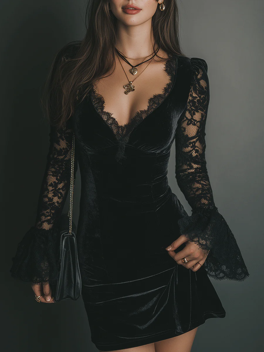Women's black velvet mini dress with lace V-neckline and long sleeves
