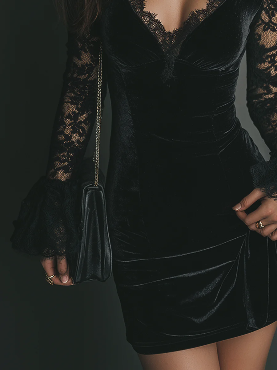 Women's black velvet mini dress with lace V-neckline and long sleeves