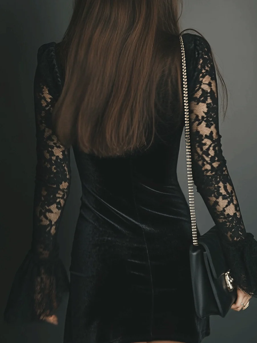 Women's black velvet mini dress with lace V-neckline and long sleeves