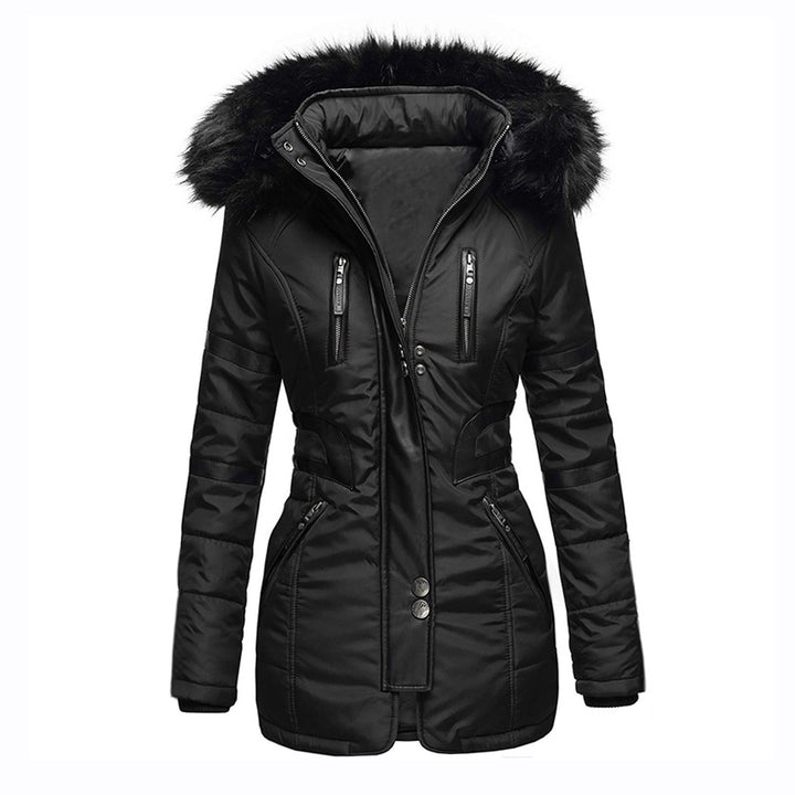 Women's long-sleeve padded jacket with fur-trimmed hood and zipped pockets