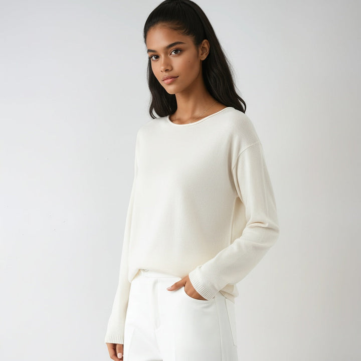 Women's fine knit crew neck sweater with long sleeves and ribbed trims