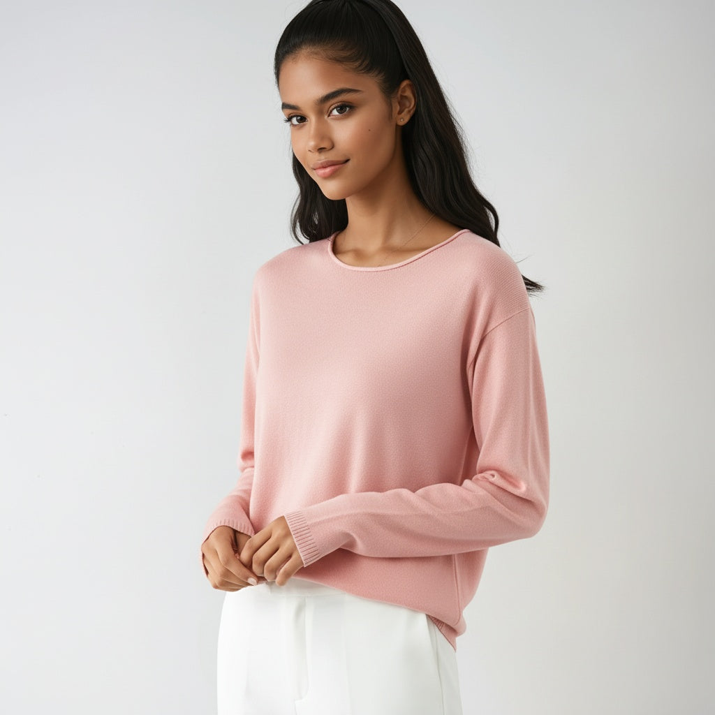 Women's fine knit crew neck sweater with long sleeves and ribbed trims