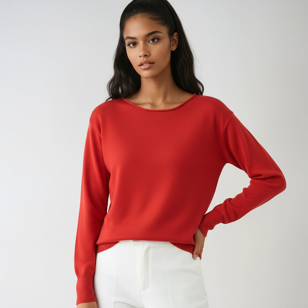 Women's fine knit crew neck sweater with long sleeves and ribbed trims