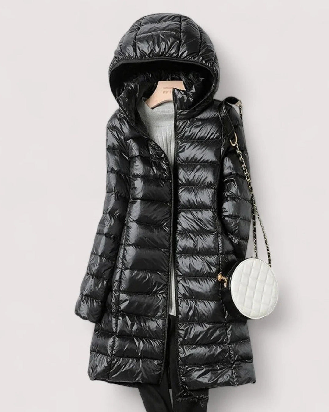 Women's long hooded quilted puffer coat with zip front