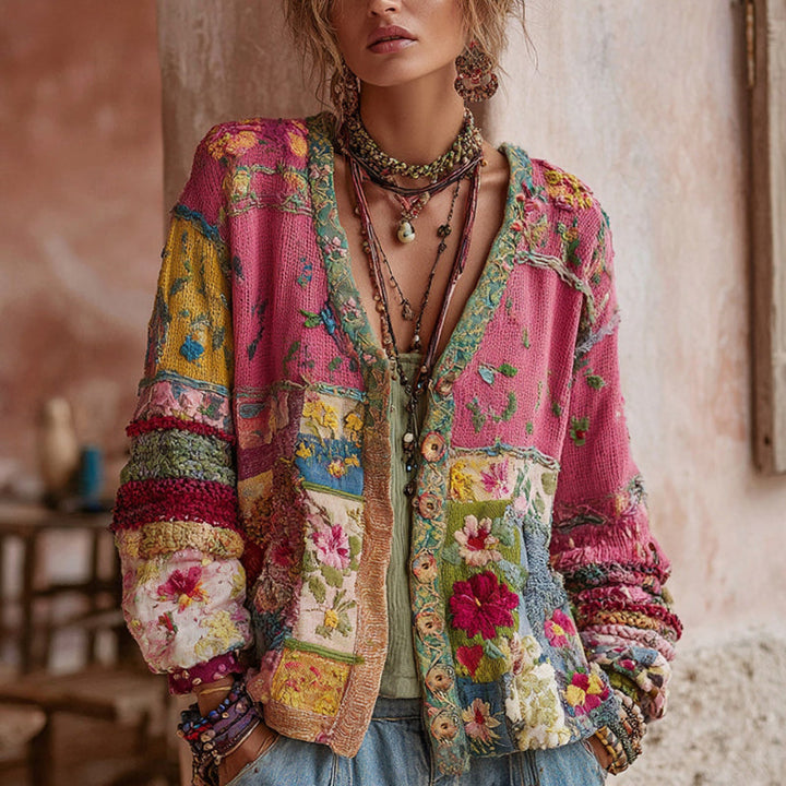 Women's pink floral patchwork cardigan with V-neck and long sleeves