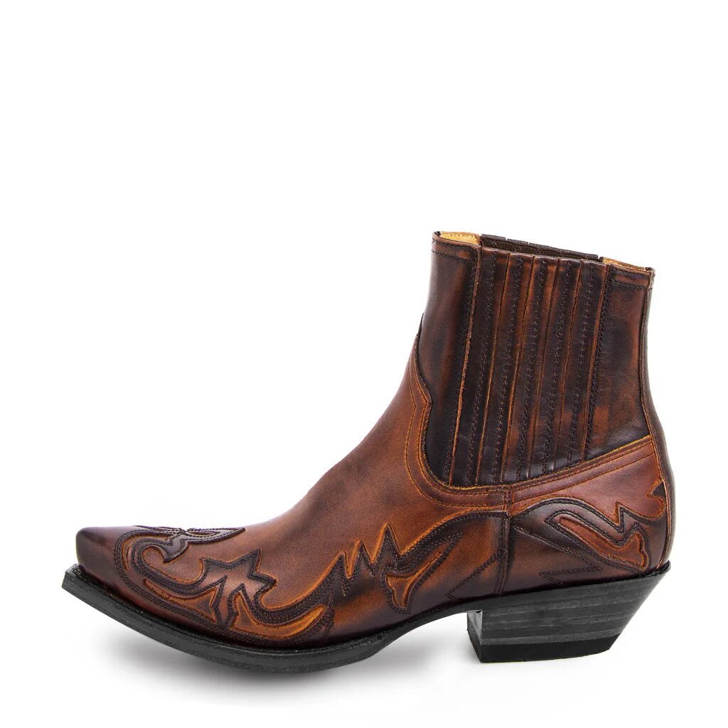 Women's western ankle boots with pointed toes, decorative stitching and low block heels
