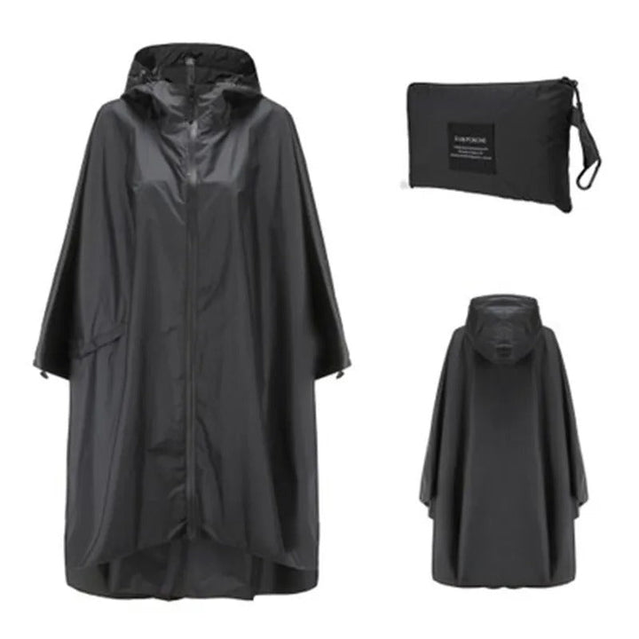 Patterned unisex hooded rain poncho with zip front and matching pouch