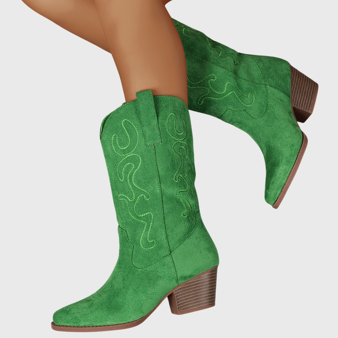 Women's western boots with embroidered mid-calf shafts, pointed toes and block heels