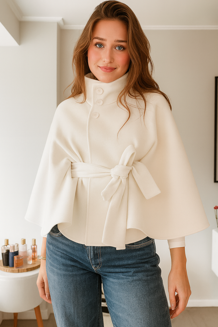 Women's cape coat with stand collar, button front and waist tie