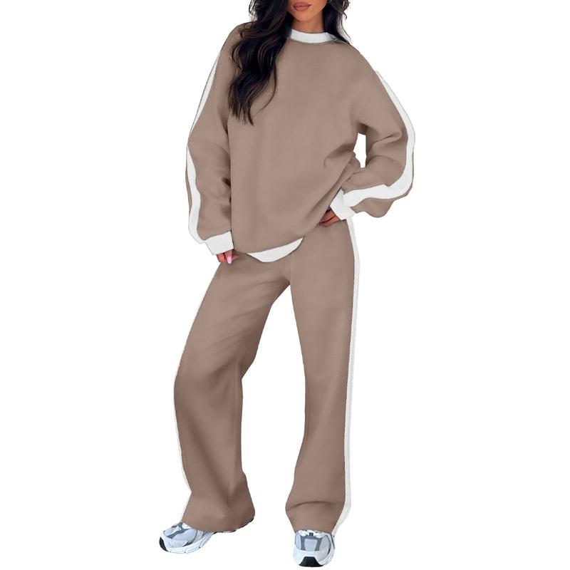 Women's Sweatshirt Set | Crew Neck Top & Wide Leg Pants