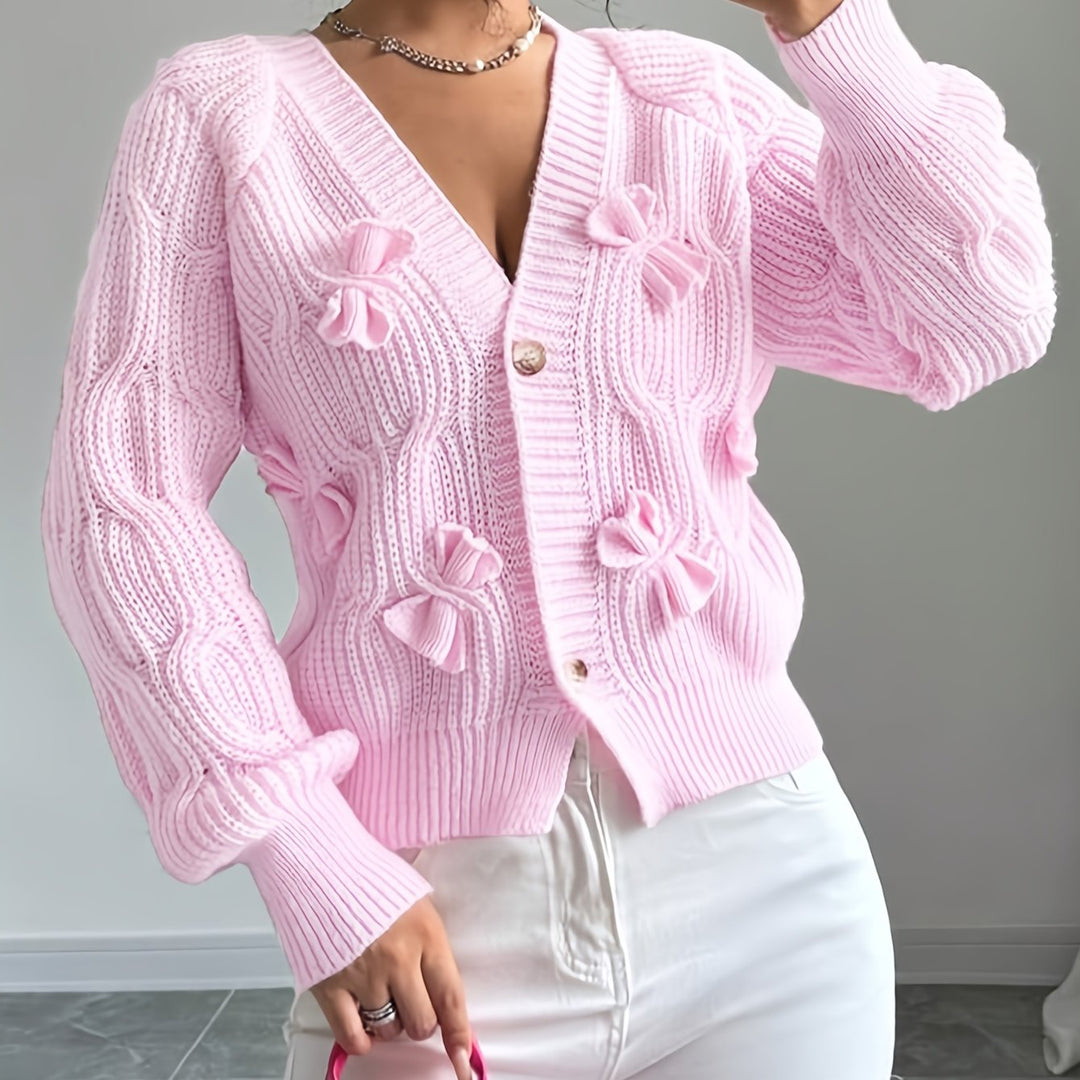 Women's ribbed knit cardigan with bow details, V-neckline and long sleeves