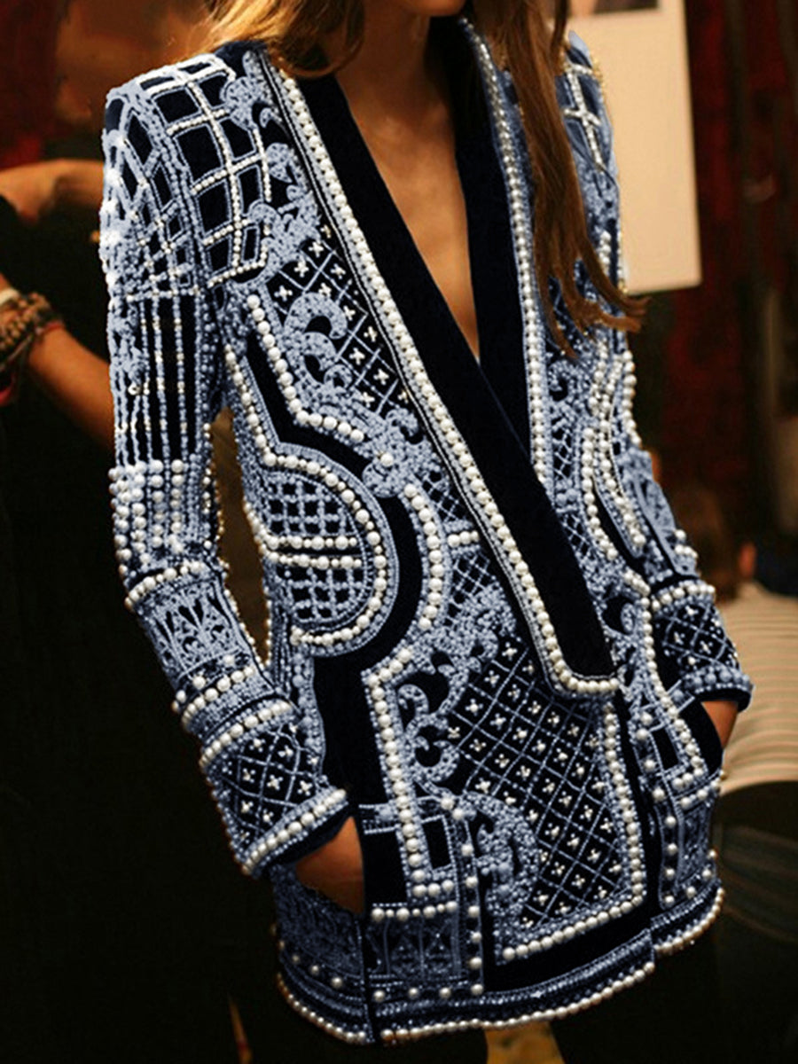 Women's embellished geometric blazer with V-neck lapels and long sleeves