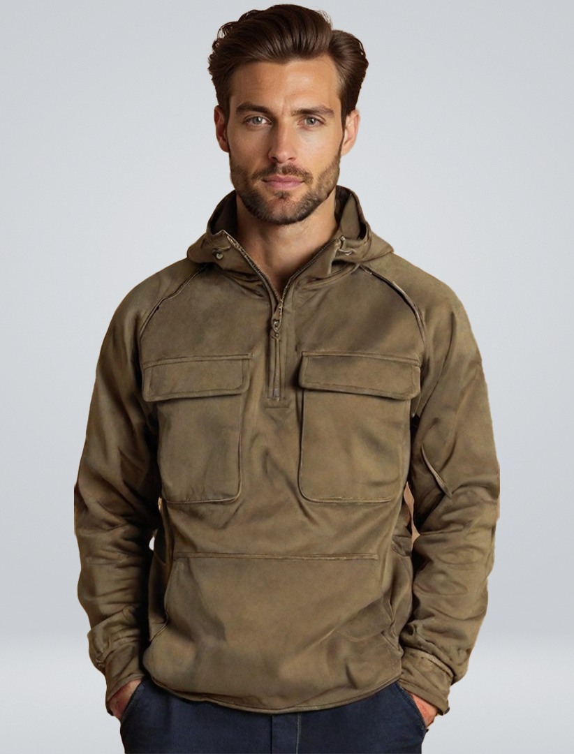 Unisex solid utility hoodie with hood, front zipper and multiple pockets