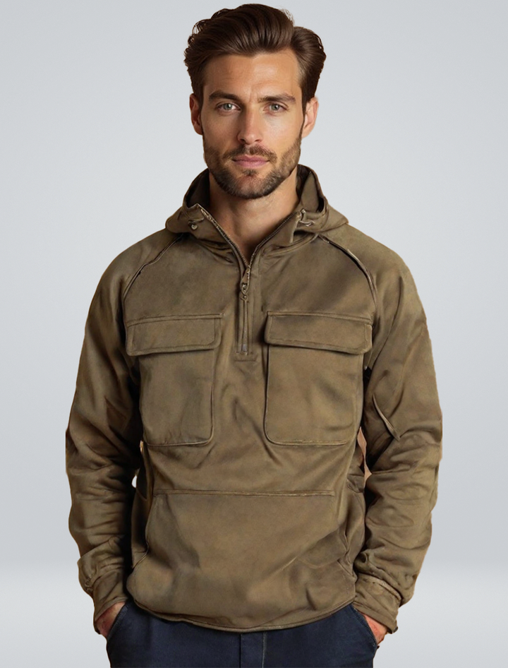 Unisex solid utility hoodie with hood, front zipper and multiple pockets