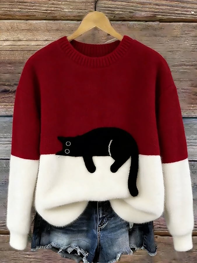 Women's long-sleeve crew neck sweater with a black cat graphic and contrast panels