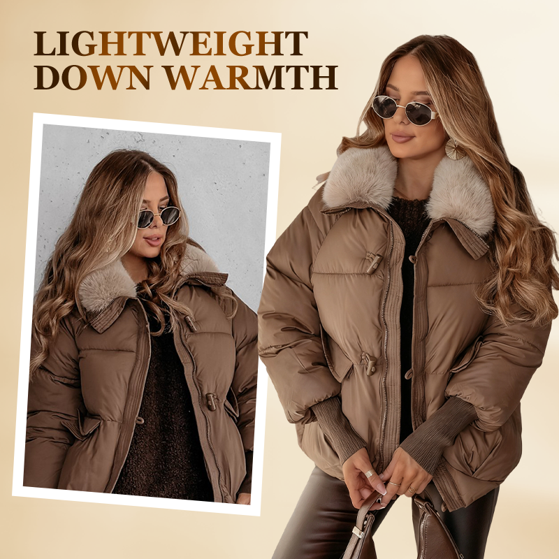Women's short quilted puffer jacket with fur collar and ribbed cuffs