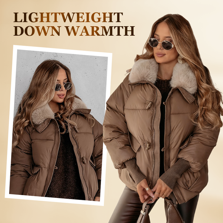 Women's short quilted puffer jacket with fur collar and ribbed cuffs