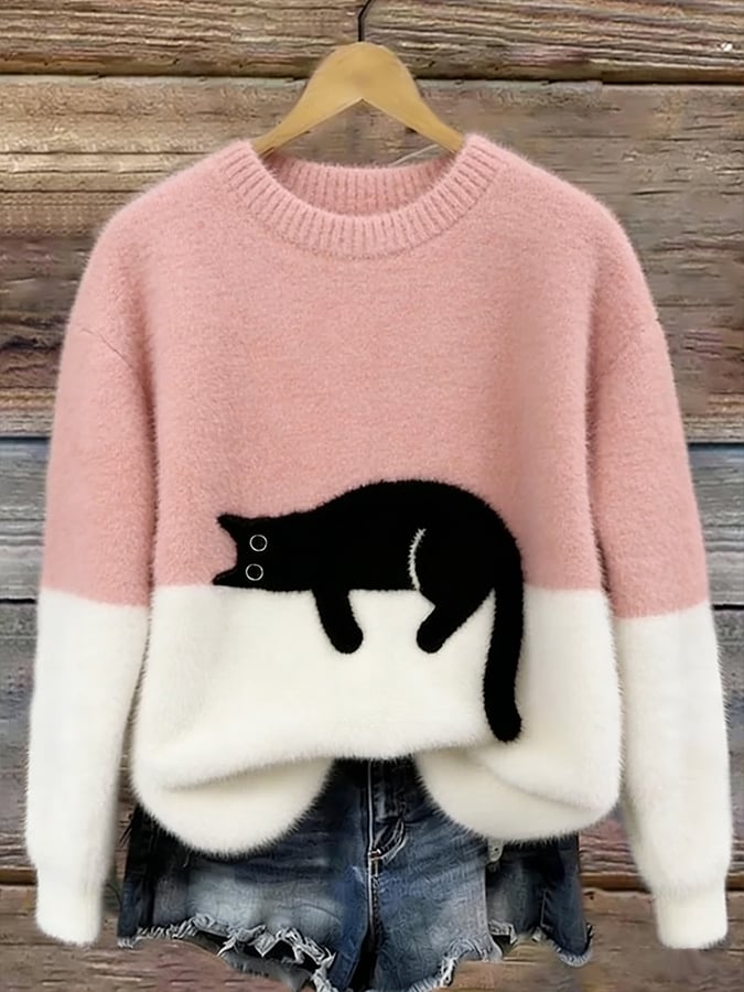 Women's long-sleeve crew neck sweater with a black cat graphic and contrast panels
