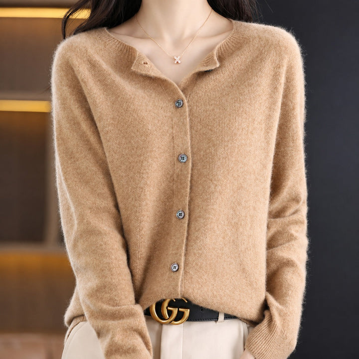 Women's long-sleeve button front cardigan with rounded neckline and ribbed trims