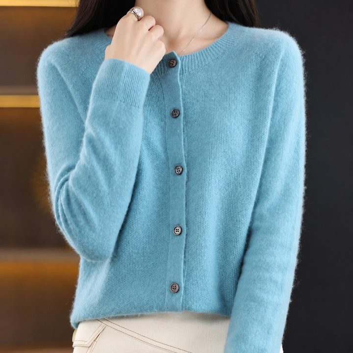 Women's long-sleeve button front cardigan with rounded neckline and ribbed trims
