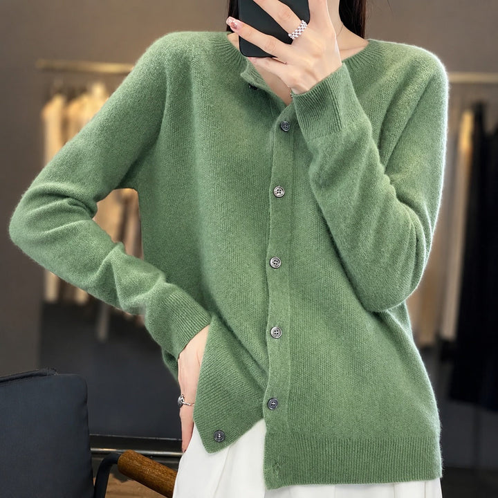 Women's long-sleeve button front cardigan with rounded neckline and ribbed trims