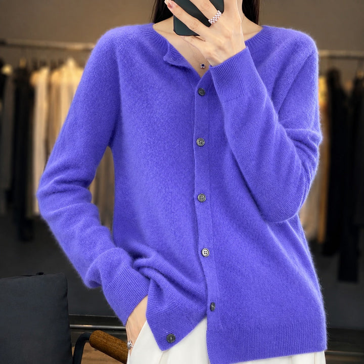 Women's long-sleeve button front cardigan with rounded neckline and ribbed trims