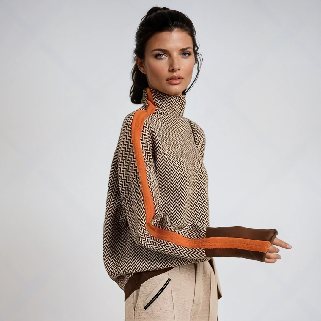 Women's herringbone turtleneck jumper with contrasting sleeve trim
