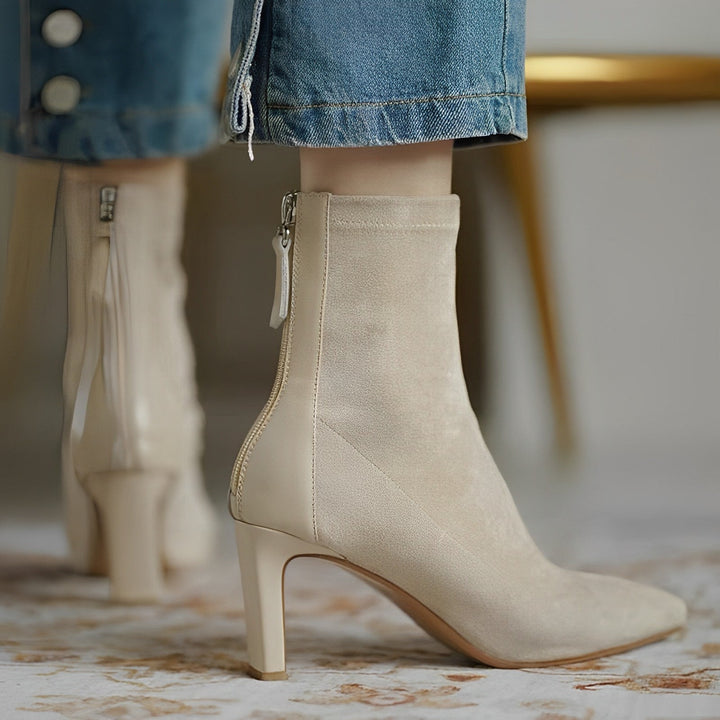 Women's pointed-toe ankle boots with high heels and side zips