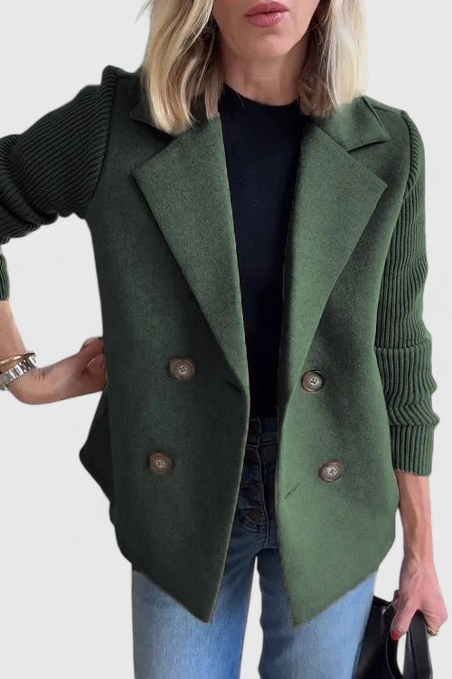 Women's short double-breasted coat with ribbed long sleeves and notched lapels