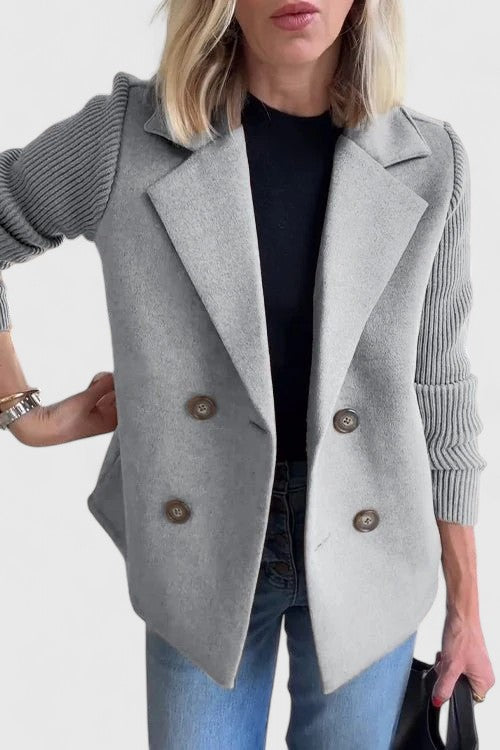 Women's short double-breasted coat with ribbed long sleeves and notched lapels