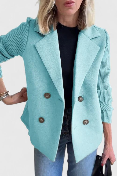 Women's short double-breasted coat with ribbed long sleeves and notched lapels