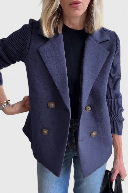 Women's short double-breasted coat with ribbed long sleeves and notched lapels