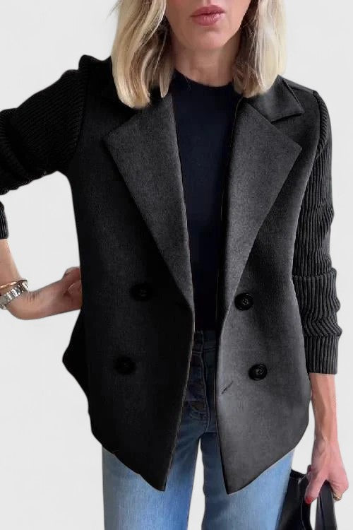 Women's short double-breasted coat with ribbed long sleeves and notched lapels