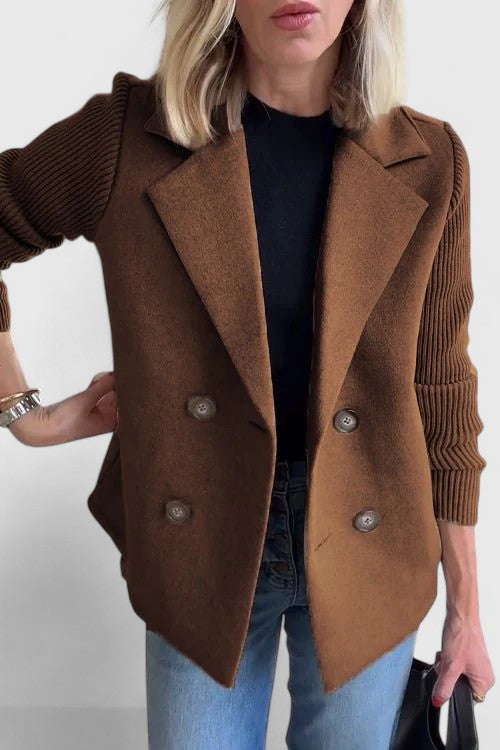 Women's short double-breasted coat with ribbed long sleeves and notched lapels