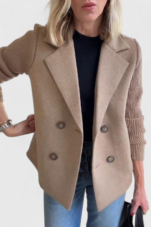 Women's short double-breasted coat with ribbed long sleeves and notched lapels