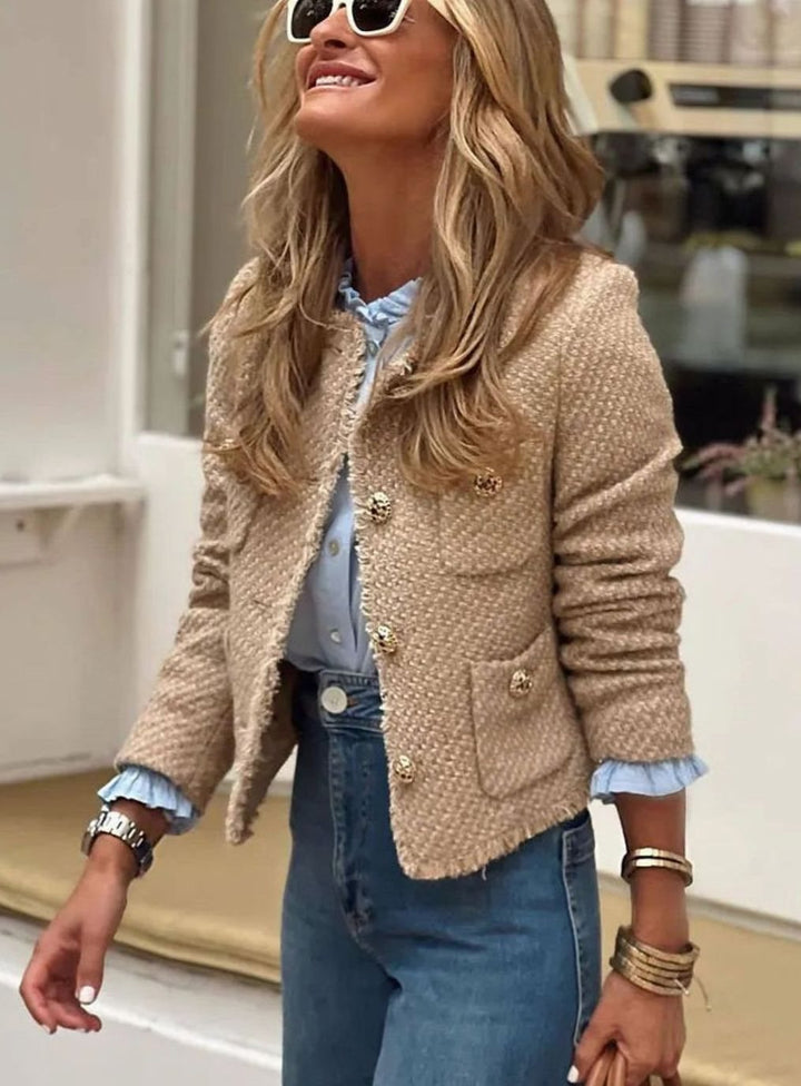 Anastasia | Women's Cropped Tweed Blazer Jacket Gold Button Front