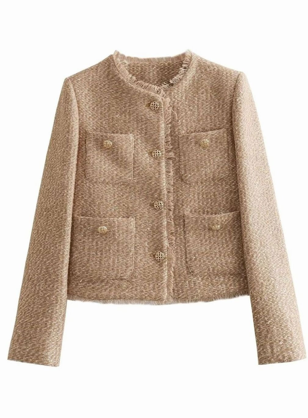 Anastasia | Women's Cropped Tweed Blazer Jacket Gold Button Front