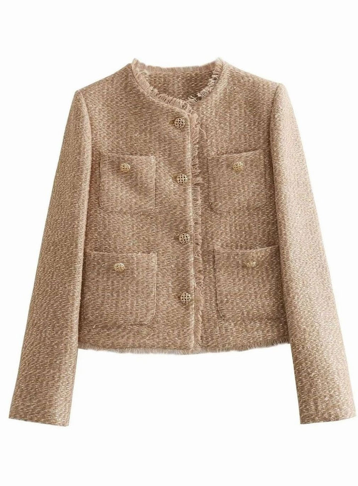 Anastasia | Women's Cropped Tweed Blazer Jacket Gold Button Front