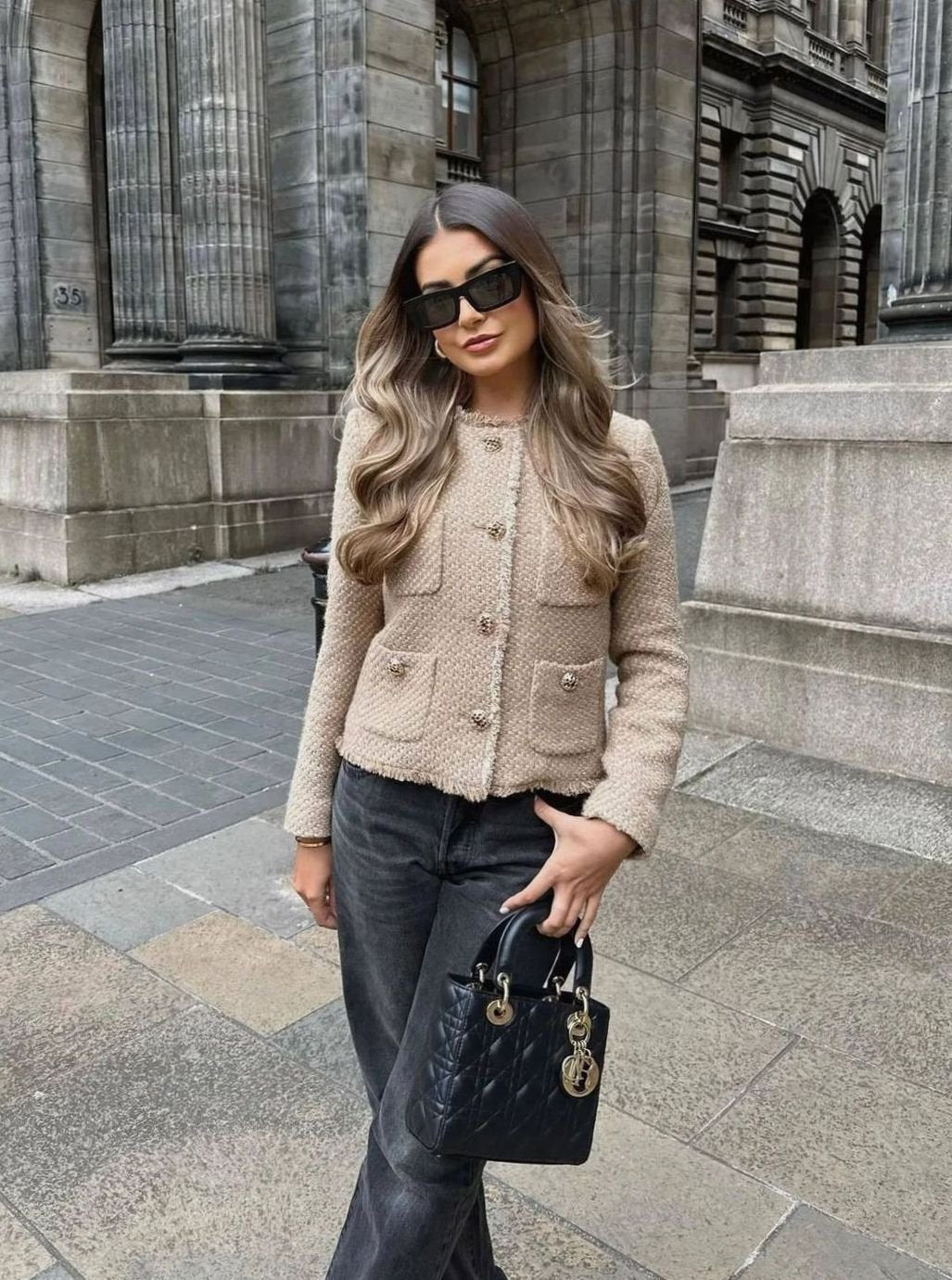 Anastasia | Women's Cropped Tweed Blazer Jacket Gold Button Front